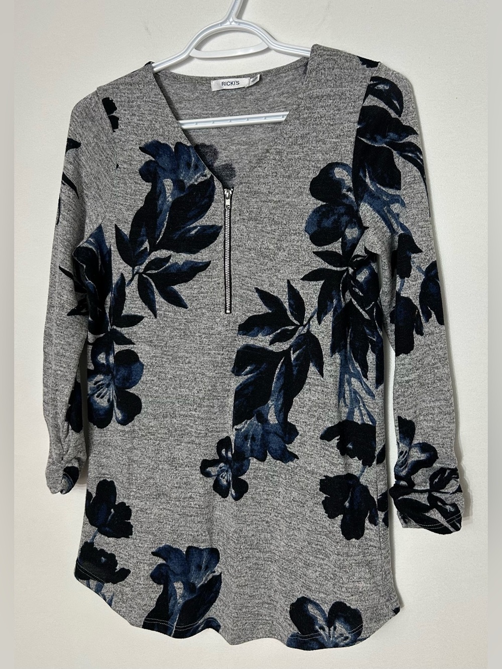 Ricki's Gray Sweater Top with Navy Floral and 1/4 Zip